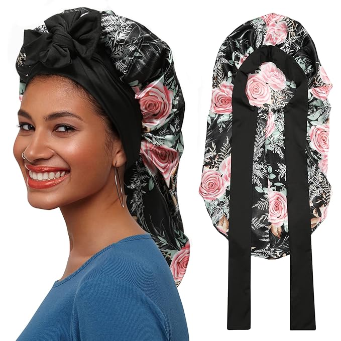 AWAYTR Long Satin Bonnet for Braids - Elastic Silk Hair Bonnets for Sleeping Night Cap Stretchy Tie Band for Women（Flower B）