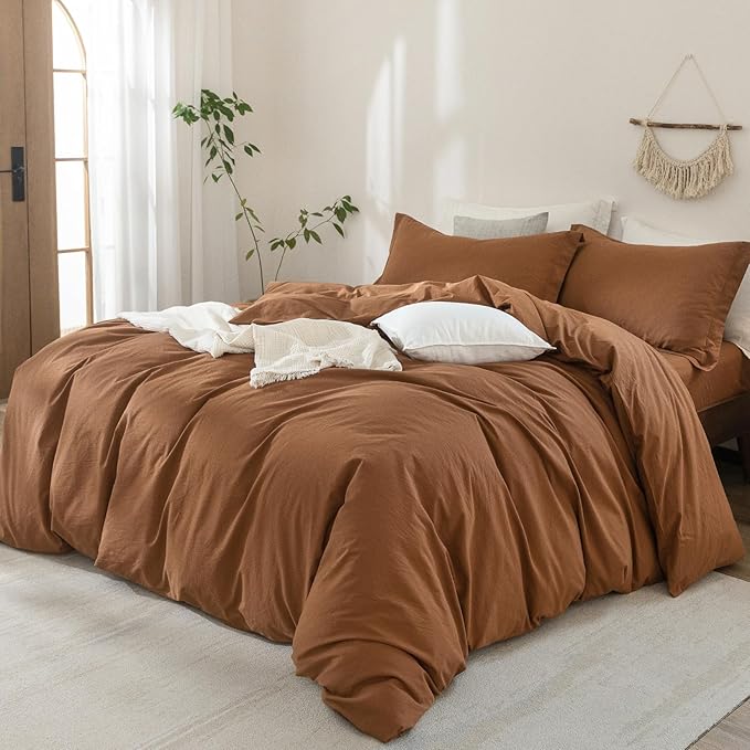 100% Washed Cotton Dark Orange Duvet Cover King Size Bedding Set Cover 1 Duvet Cover with Zipper Closure Plus 2 Pillowcases, 104inch x 90inch