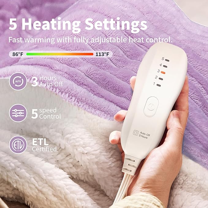 Heated Blanket Electric Blanket Throw 50”X60”-Heating Throw with 5 Heat Settings-3 Hours Auto Off,ETL Certified,Machine Washable (Purple)