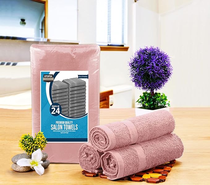 Utopia Towels, Salon Towel, Pack of 24, Not Bleach Proof, 16 by 27 Inches, Highly Absorbent Cotton Towels for Hand, Gym, Beauty, Spa, and Home Hair Care, Dusty Pink