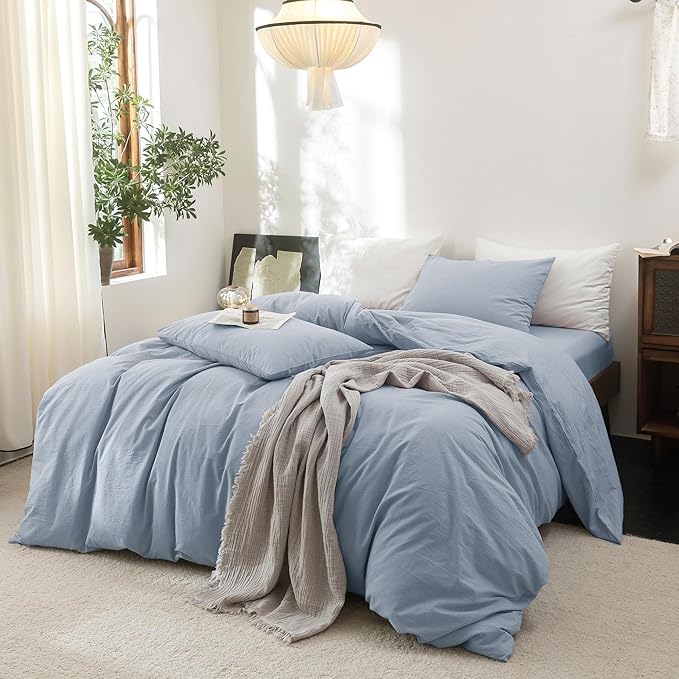 FOSSA Duvet Cover Set 100% Washed Cotton Linen Feel Super Soft Breathable Cozy 3 Pieces Bedding Sets Solid Cornflower Blue Oversized King