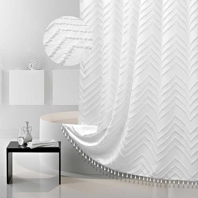 Boho Shower Curtain White Tassel Woven Fabric Shower Curtain 71 x 72 Modern Farmhouse Textured Tufted Chevron Striped Minimalist Bathroom Shower Curtains