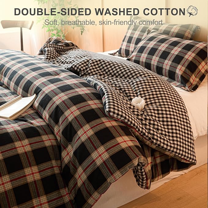100% Cotton Comforter Set Twin Size – Reversible Yarn-Dyed Checkered Design, Soft Washed Cotton on Both Sides, Lightweight All-Season Bedding, Machine Washable(Black Red Plaid, 68”x90”)
