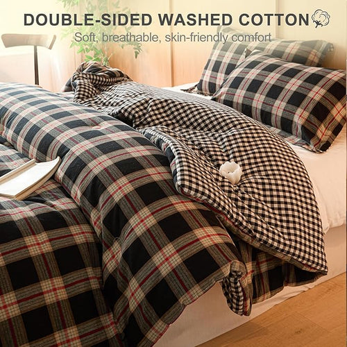 100% Cotton Comforter Set Full Size – Reversible Yarn-Dyed Checkered Design, Soft Washed Cotton on Both Sides, Lightweight All-Season Bedding, Machine Washable(Black Red Plaid, 80”x90”)