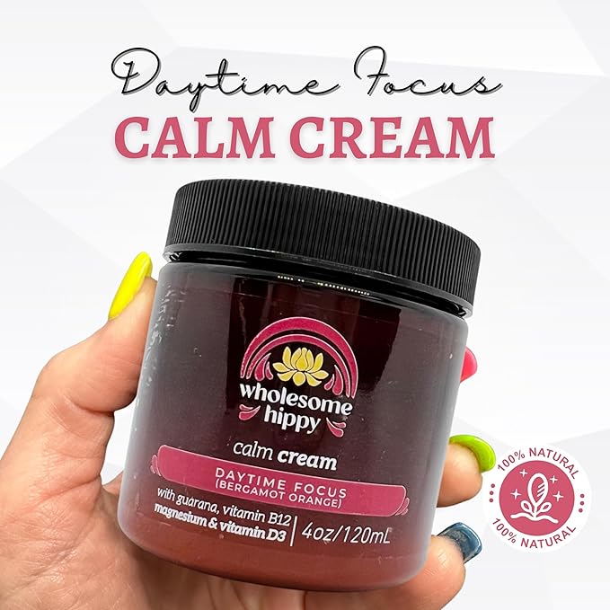 Wholesome Hippy Daytime Focus Calm Cream – All Natural Body Butter with Magnesium, Vitamin B12, Guarana & Bergamot Orange – Moisturizing Wellness Cream for Daily Clarity – 4oz