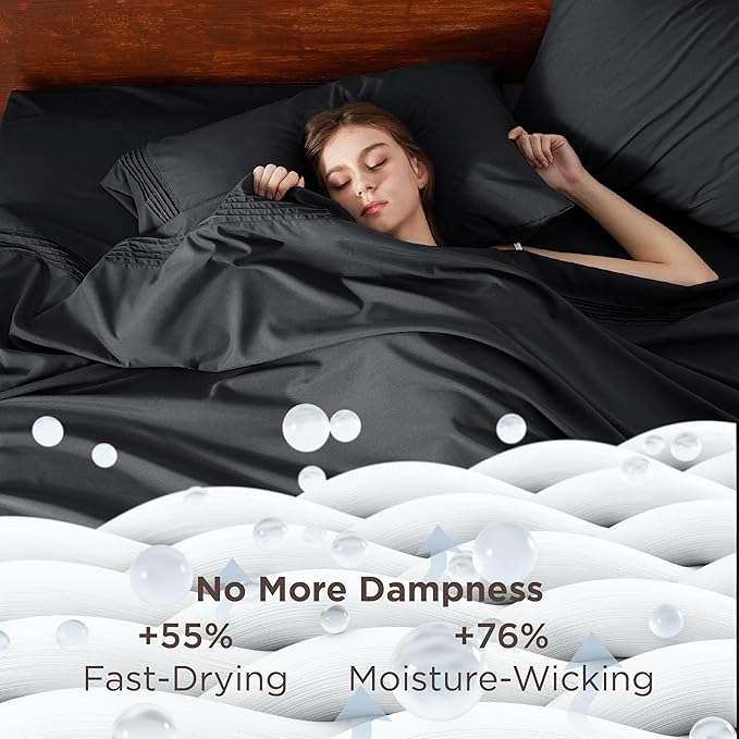 Bedsure Deep Pocket Queen Sheets Set - Fits Mattresses Up to 21 Inches Thick - 4 Piece GentleSoft Bed Sheets, Moisture Wicking, Soft & Cooling Bedsheet & Pillowcases, Easy & Secure Fit, Black