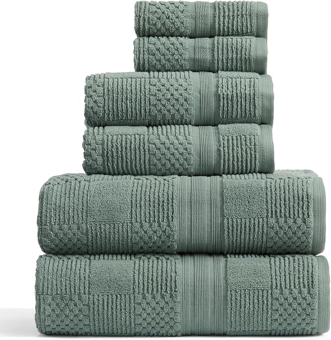 Springtree Home 100% Cotton Bathroom Towel Set | 6 Piece Set - Green Bath Towels | Geometric Textured Design | Absorbent & Quick-Dry | Oeko-TEX® Standard 100 Cotton | Myla Collection - Lily Pad Green