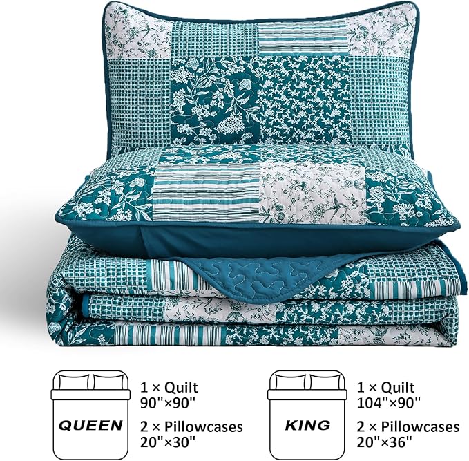 Mybedsoul Teal Blue Quilt Set Queen Size 3 Pieces Boho Plaid Turquoise Floral Bedspread Set Microfiber Lightweight Bohemian Bedding Bedspread Coverlet Set for All Season 90"x96"