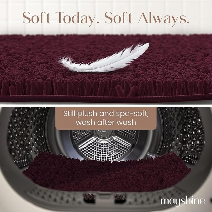 MAYSHINE Plush Shaggy Chenille Bath Mat | Extra Soft, Super Absorbent, Non-Slip Bathroom Rug | Fluffy Microfiber, Area Rug Sets for Bathroom Floor, Kitchen, Living Room | 32"x20" | Burgundy