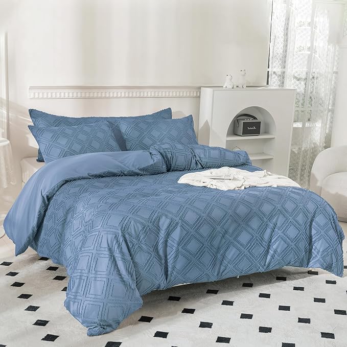 JELLYMONI Duvet Cover King Size Blue - 3PCS Boho Duvet Cover Set Plaid Polyester Tufted Bohemian Jacquard Knit Textured Comforter Cover 104×90in Rhombic Geometric Pattern Zipper Corner Tie