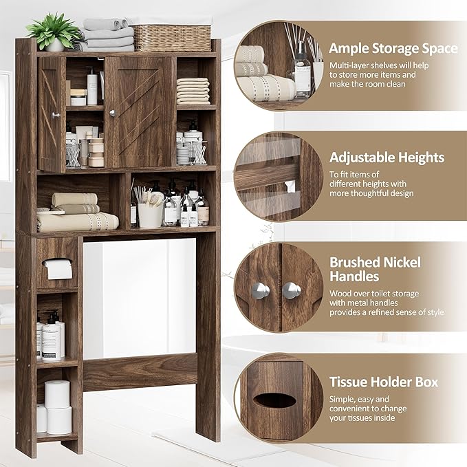 Meilocar Over The Toilet Storage Cabinet, Bathroom Over Toilet Storage Cabinet, Bathroom Storages Organizer Cabinets with Toilet Paper Holder and Adjustable Shelf, Walnut