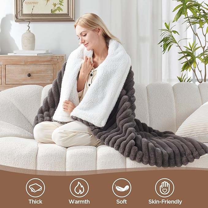 Westinghouse Electric Blanket Heated Throw, Super Cozy Luxury Faux Fur & Sherpa with 6 Heating Levels & 2-10 Hours Auto Off, Fast Heating & Overheat Protection, 50x60 Inch, Charcoal