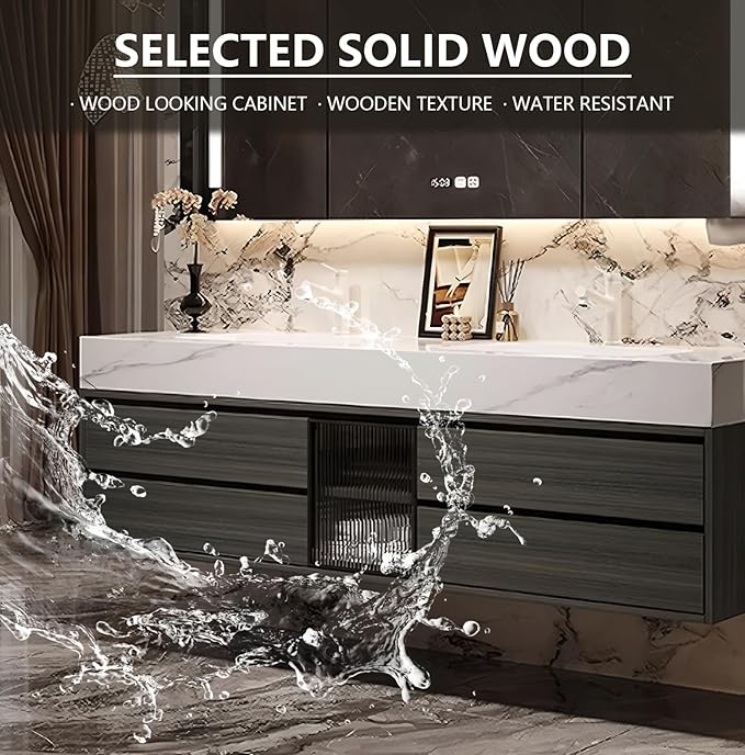 92IN Bathroom Vanity with Double Sink, Modern Bathroom Vanity with LED Smart Defog Mirror Cabinet & Integrated Ceramic Sink, Floating Vanities with Drawers and Glass Cabinet Door (Grey Wood)