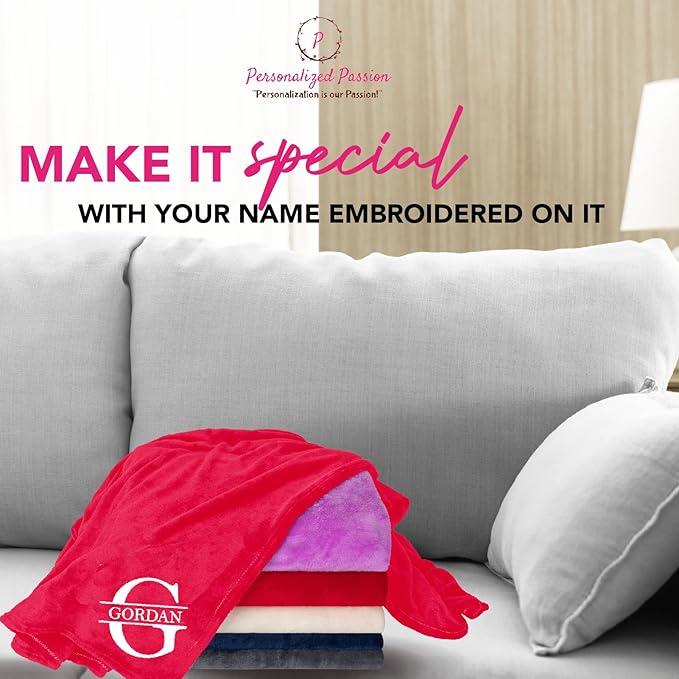 Personalized Passion Blankets with Custom Name & Initial Monogram - Super Soft and Cozy Fleece - Unisex Custom Blanket for Him and Her - 80x60 Inches - Red