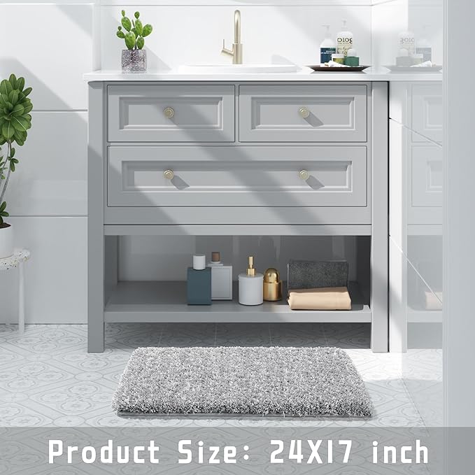 Yimobra Bathroom Rugs Non Slip Washable, Ultra Soft and Water Absorbent Bath Mats, Plush Fluffy Shower Mat Outside, Microfiber Thick Matts for Bathroom Floor/Sink, 24x17, Light Gray and White