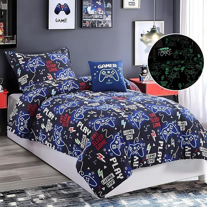 Full Size Comforter Set for Boys-4 Pieces Gamer Glow in The Dark Full Bedding Sets for Kids, 1 Comforter, 2 Shams and 1 Decor Pillow