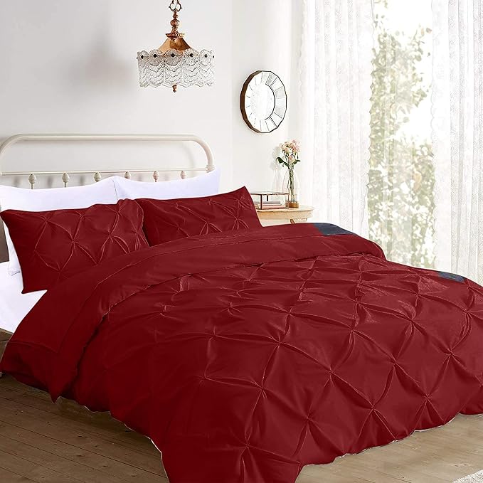 Pinch Pleated Duvet Cover Set 100% Brushed Microfiber 3PC Queen Size 90x90 Duvet Cover Set, Decorative Pinch Design Burgundy Duvet Cover with Matching Pillow Case