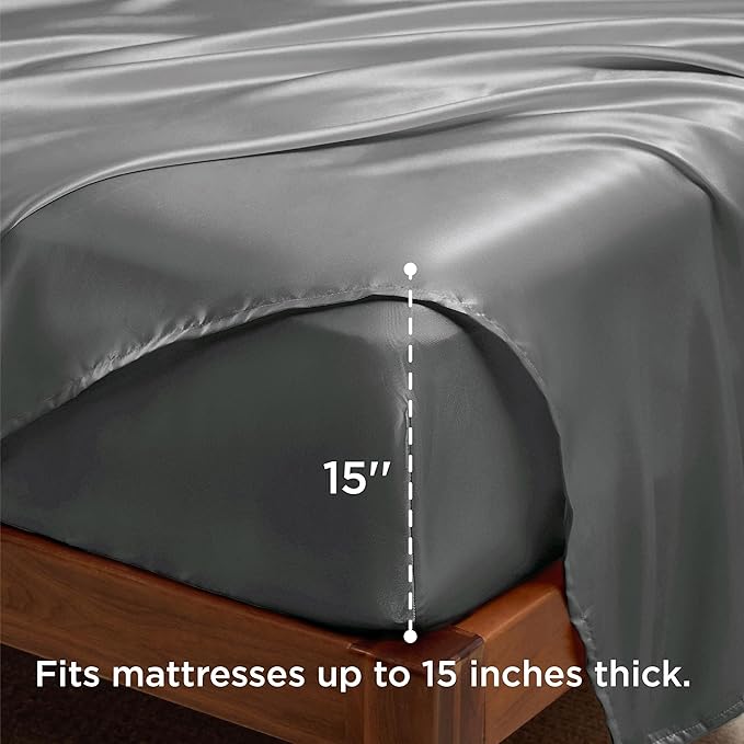 Bedsure Satin Sheets Full Size - 4 Piece Silky Bedsheets with 15 Inches Deep Pocket Fitted Bedsheet,1 Flat Sheet, 2 Satin Pillowcases, Good for Hair & Skin (Full, Dark Grey)