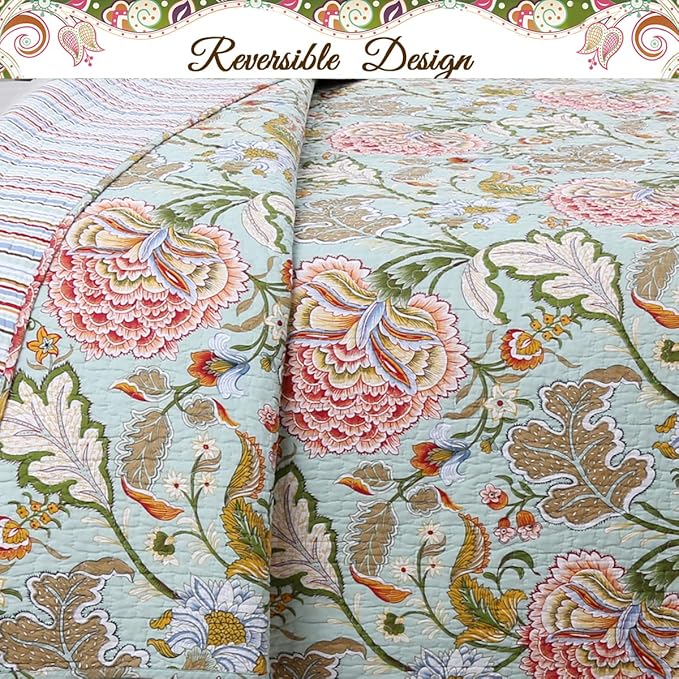 Cozy Line Home Fashions Blooming Red White Floral 100% Cotton Reversible Quilt Bedding Set, Coverlet Bedspread (Camellia Green, Queen - 3 Piece)
