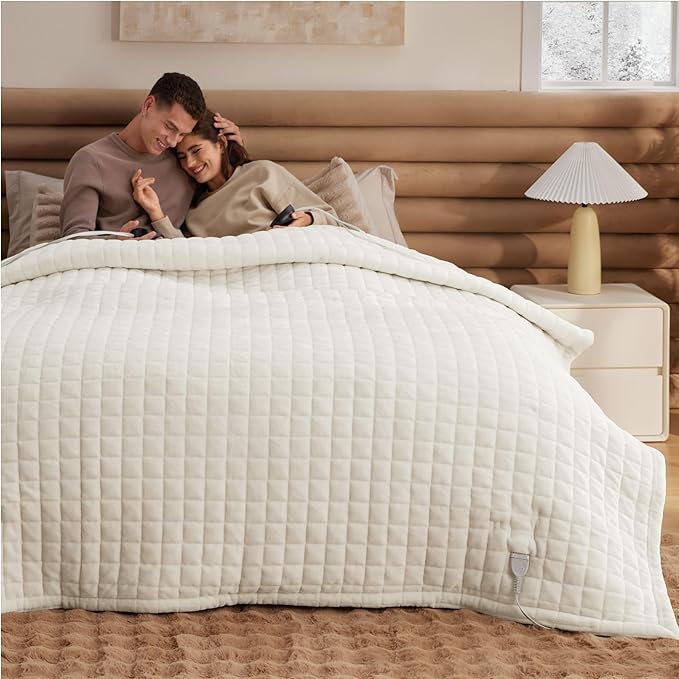 Bedsure Electric Blanket Queen Size - Quilted Winter Bedding of Thick Flannel, Dual Control Heated Blanket with 10 Heat & 10 Time Settings, Fast Heating for Cold Sleepers (84x90 inches, Ivory)