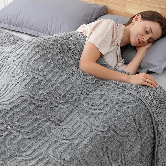 Sherpa Fleece Adult Weighted Blanket Great for Sleep, 20 lbs Dual Sided Soft Fuzzy Heavy Blankets for Couch Bed Sofa, Cozy Warm Fluffy Arched Jacquard Throw for Winter (Grey, 60" x 80", 20 Pounds)