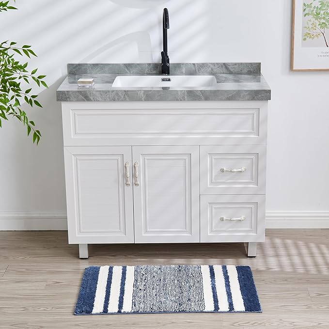 CozeCube Bath mats for Bathroom Non Slip, Fluffy Absorbent Microfiber Bath mat Washable, Aesthetic Bathroom Rugs, Cute Navy Blue Striped Bath mat, Navy Blue, 32" x 20"