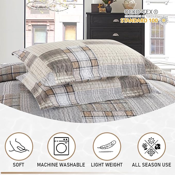KALOOLA 100% Cotton Quilts Queen Size, Farmhouse Brown Plaid Queen Quilted Bedding Set 3 Pieces, Rustic Lightweight Bedspread Coverlet with 2 Pillowshams for All Season