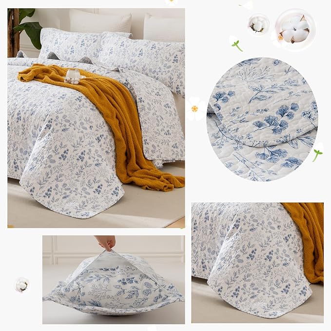 Lady Ann Queen Size Cotton Quilt Sets - Blue and White Floral & Leaves Pattern Botanical Printed Quilted Bedding, 3 Pcs Lightweight Soft Bedspread Sets Queen Coverlet for All Season