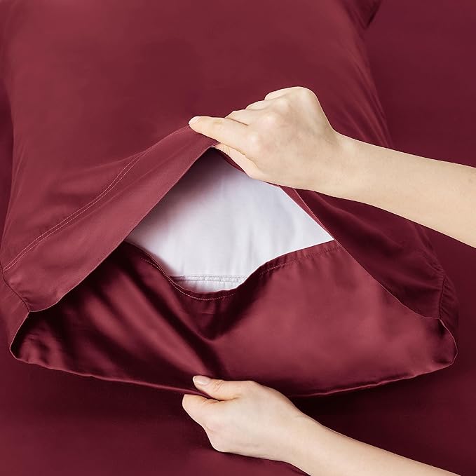 Bedsure California King Sheet Sets, Cooling Sheets, Rayon Derived from Bamboo, Breathable & Soft, Deep Pocket Up to 16 Inches, Hotel Luxury Silky Bedding for Hot Sleepers, Burgundy