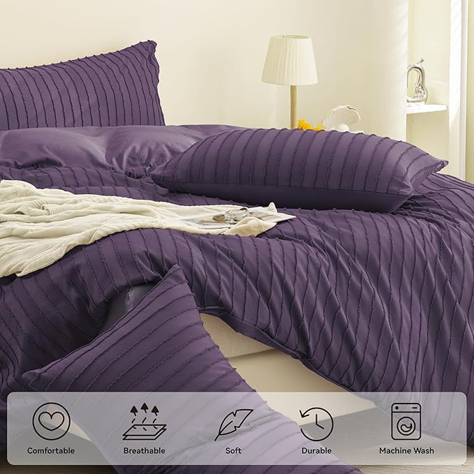 JELLYMONI Duvet Cover Full Size Purple - 3PCS Boho Striped Duvet Cover Set Polyester Tufted Bohemian Textured Comforter Cover 80×90in with Corner Ties & Zipper and 2 Pillowcases