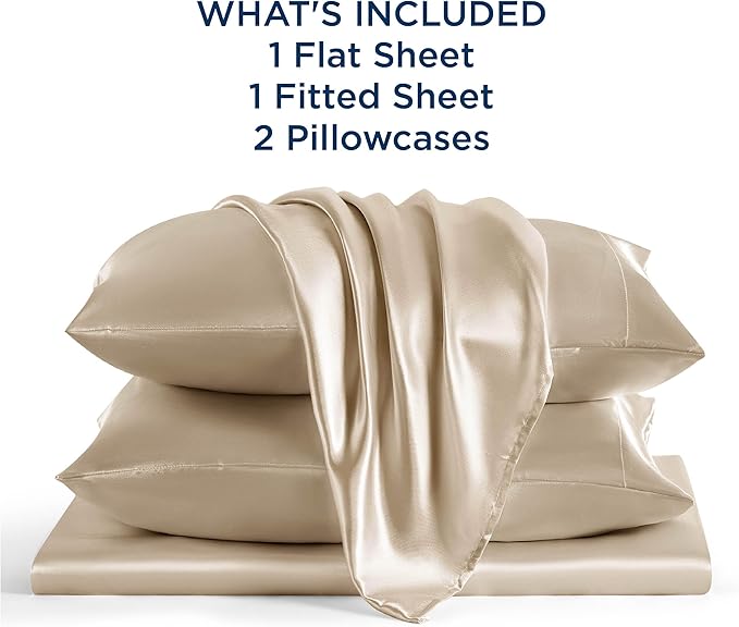 Bedsure Satin Sheets Queen Size - 4 Piece Silky Bedsheets with 15 Inches Deep Pocket Fitted Bedsheet,1 Flat Sheet, 2 Satin Pillowcases, Good for Hair & Skin (Queen, Khaki)