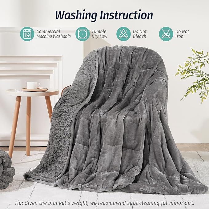 Wemore Sherpa Fleece Weighted Blanket for Adult, 20 lbs Dual Sided Cozy Fluffy Heavy Blanket, Ultra Fuzzy Throw Blanket with Soft Plush Flannel Top, 60 x 80 inches Grey on Both Sides