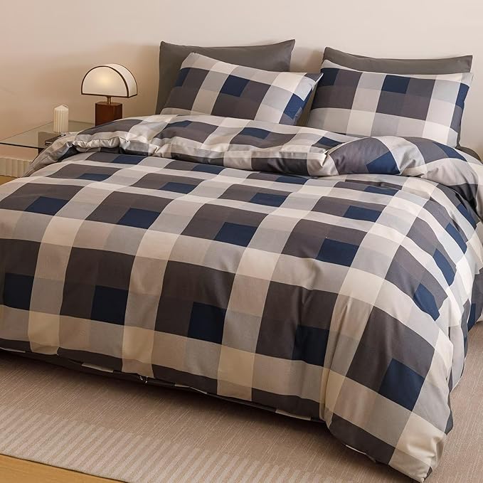 Cottonight Checkered Blue Comforter Set Full Gingham Grid Bedding Set Navy and Khaki Grid Comforter Fluffy Soft Bedding Set Kids Teens Full Comforter with 2 Pillowcases