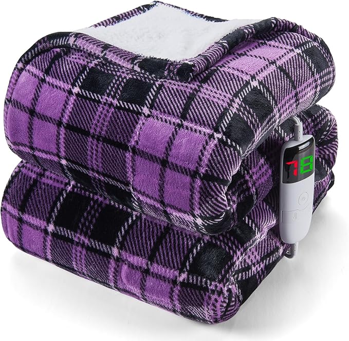 Heated Blanket Electric Throw, 50X60, Heating Throw with 10 Heating Levels & 8 Hours Auto Off, Purple Plaid Checkered Sherpa Blanket Warmer for Couch Bed Office, Gifts for Mom Women Grandma Home Decor