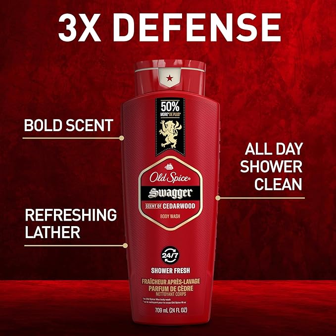 Old Spice Refreshing Body Wash for Men, 3X Defense, 24/7 Shower Fresh with Long Lasting Scent, Red Collection, Swagger with Cedarwood Scent, 24 oz (Pack of 4)