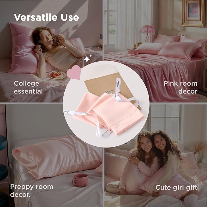 Bedsure Satin Pillowcases, Similar to Silk Pillow Cases Queen Size Set of 2, Pillow Case for Sleeping Women with Envelope Closure, Gifts for Women Men, Peach Pink, 20x30 Inches, 2pcs