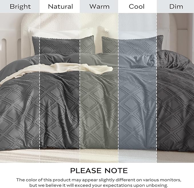 JELLYMONI Duvet Cover Full Size Dark Grey - 3PCS Boho Duvet Cover Set Plaid Polyester Tufted Bohemian Jacquard Knit Textured Comforter Cover 80×90in Rhombic Geometric Pattern Corner Ties & Zipper
