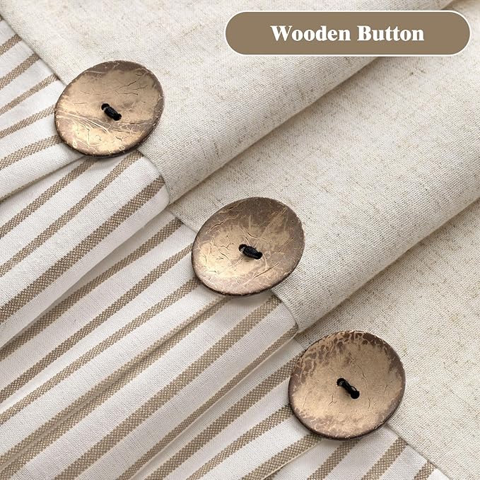 Farmhouse Shower Curtain Linen Beige Button Woven Fabric Country Rustic Western, Pleated Beige Stripe 72" W x 84" L
