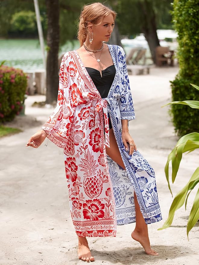 Women Casual Open Front Lightweight Cardigan Long Beach Kimono Cover Up