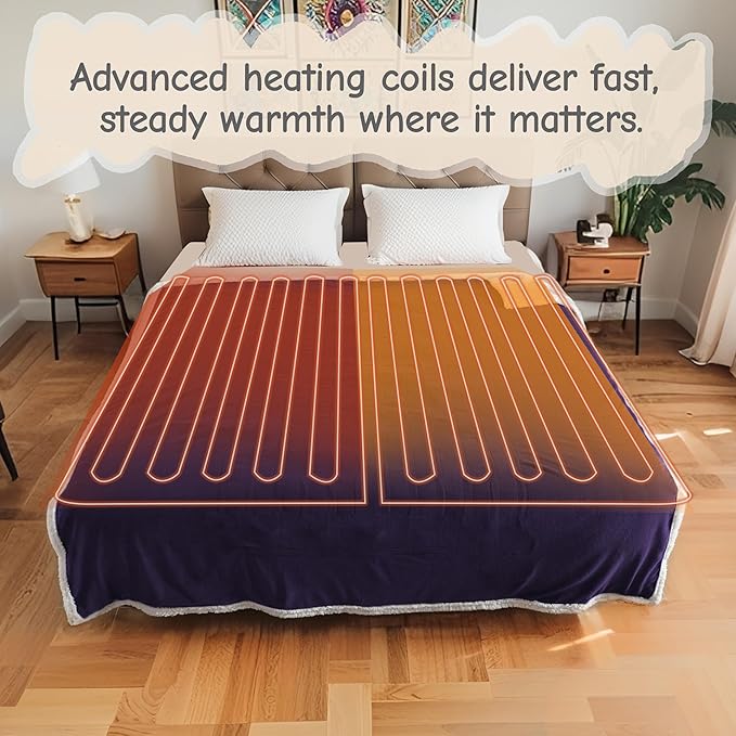 Electric Heated Blanket Queen Size 84"x90", Soft Flannel with Dual Controllers & Overheat Protection, 6 Adjustable Heat Settings & 10-Hour Auto-Off Timer, Fast Heating for Winter Comfort, Dark Purple