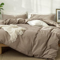 MooMee Bedding Duvet Cover Set 100% Washed Cotton Linen Like Textured Breathable Durable Soft Comfy (Solid Mocha Brown, Twin 68"x90")
