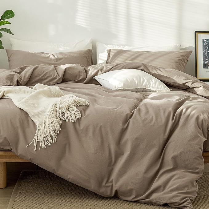 MooMee Bedding Duvet Cover Set 100% Washed Cotton Linen Like Textured Breathable Durable Soft Comfy (Solid Mocha Brown, Twin 68"x90")
