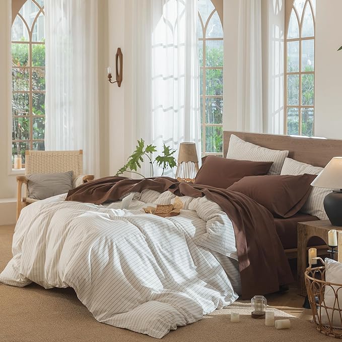 MooMee Bedding Sheet Set 100% Washed Cotton Linen Like Textured Breathable Durable Soft Comfy (Solid Cocoa Brown, Full)