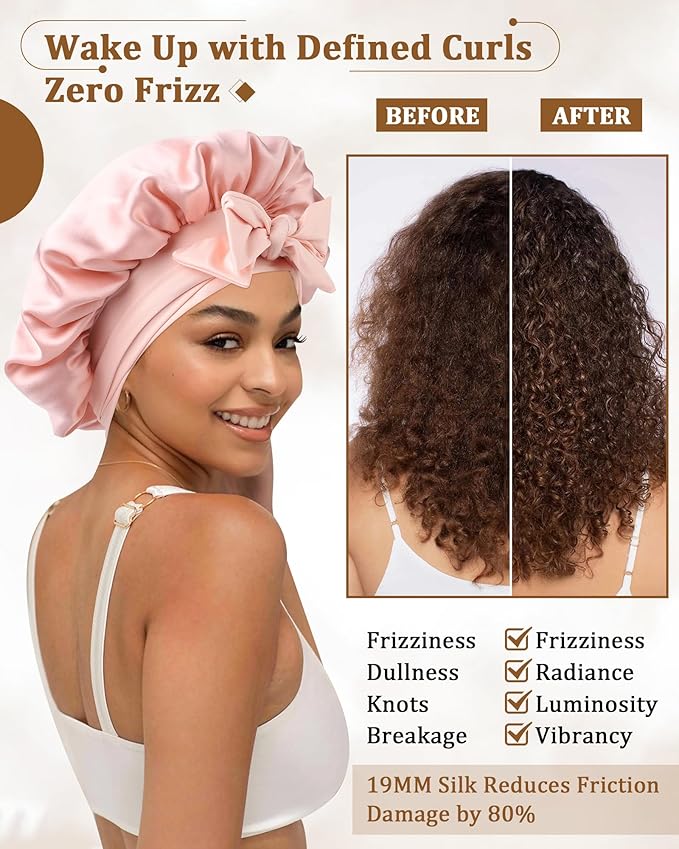 AWAYTR Mulberry Silk Bonnet for Sleeping - Silk Sleep Bonnet with Tie Band for Curly Hair Men and Women (Pink)