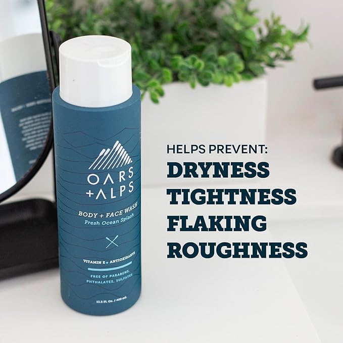 Oars + Alps Men's Moisturizing Body and Face Wash, Skin Care Infused with Vitamin E and Antioxidants, Sulfate Free, Fresh Ocean Splash, 3 Pack