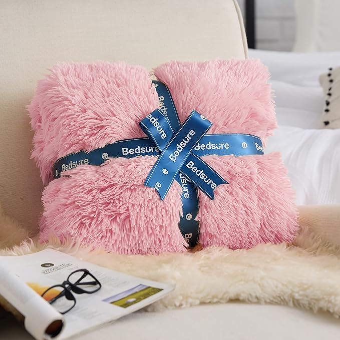 Bedsure GentleSoft Fluffy Pink Blankets Queen Size for Bed, Thick Sherpa Faux Fur Fleece Fuzzy Plush Winter Warm Heavy Soft Full Queen Blankets, Bedroom Decor Pink Gifts Cozy Gifts for Women, 90x90