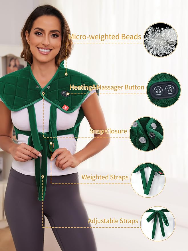 Vofuoti Heating Pad for Neck and Shoulders, Portable Cordless Heating Pad with Massager and Battery, Weighted Electric Heated Neck Shoulder Wrap, 16'' x 22'', 2.2lbs