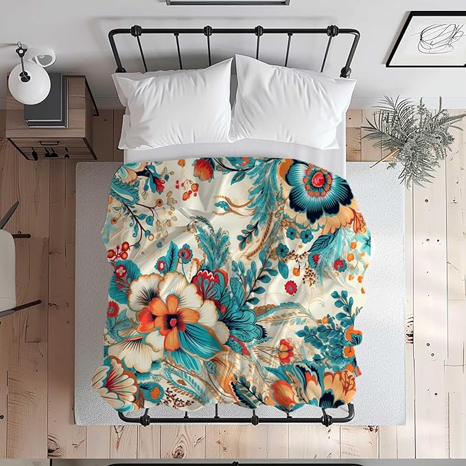 Flowers Blanket Throw, Turquoise Orange Hues Leaves Throw Blanket for Women Men, Soft Lightweight Flannel Fabric, Washable No-Pilling, 60x80 inches