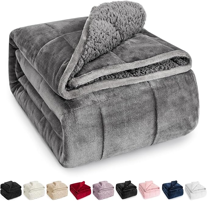 Wemore Sherpa Fleece Weighted Blanket for Adult, 12 lbs Dual Sided Cozy Fluffy Heavy Blanket, Ultra Fuzzy Throw Blanket with Soft Plush Flannel Top, 48 x 72 inches, Grey on Both Sides