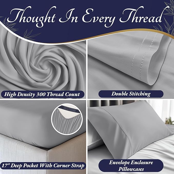 DECOLURE 100% Viscose Derived from Bamboo Sheets King Size 4pcs - Ultra Soft & Luxuriously Cooling, 17" Deep Pocket, Double Stitching, Perfect for Hot Sleepers - King Bed Sheets (Midgrey)